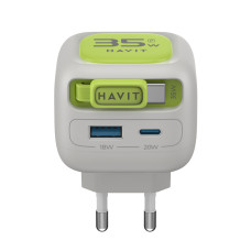 Зарядний пристрій HAVIT UC251 GaN 35W USB-A+USB-C +Кабель USB-C Gray/Green (HV-UC251-GYGN)
