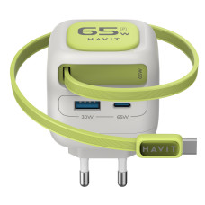 Зарядний пристрій HAVIT UC253 GaN 65W USB-A+USB-C +Кабель USB-C Gray/Green (HV-UC253-GYGN)